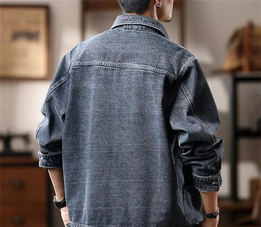 Men's Oversized Loose Denim Shirt Long Sleeve Lapel Vintage Washed Button Down Shirt