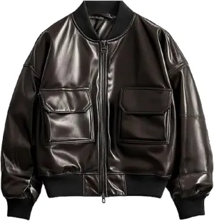Men's Premium Casual Varsity Bomber Leather Jacket - Classic Full zip Motorcycle Leather Jacket For Men