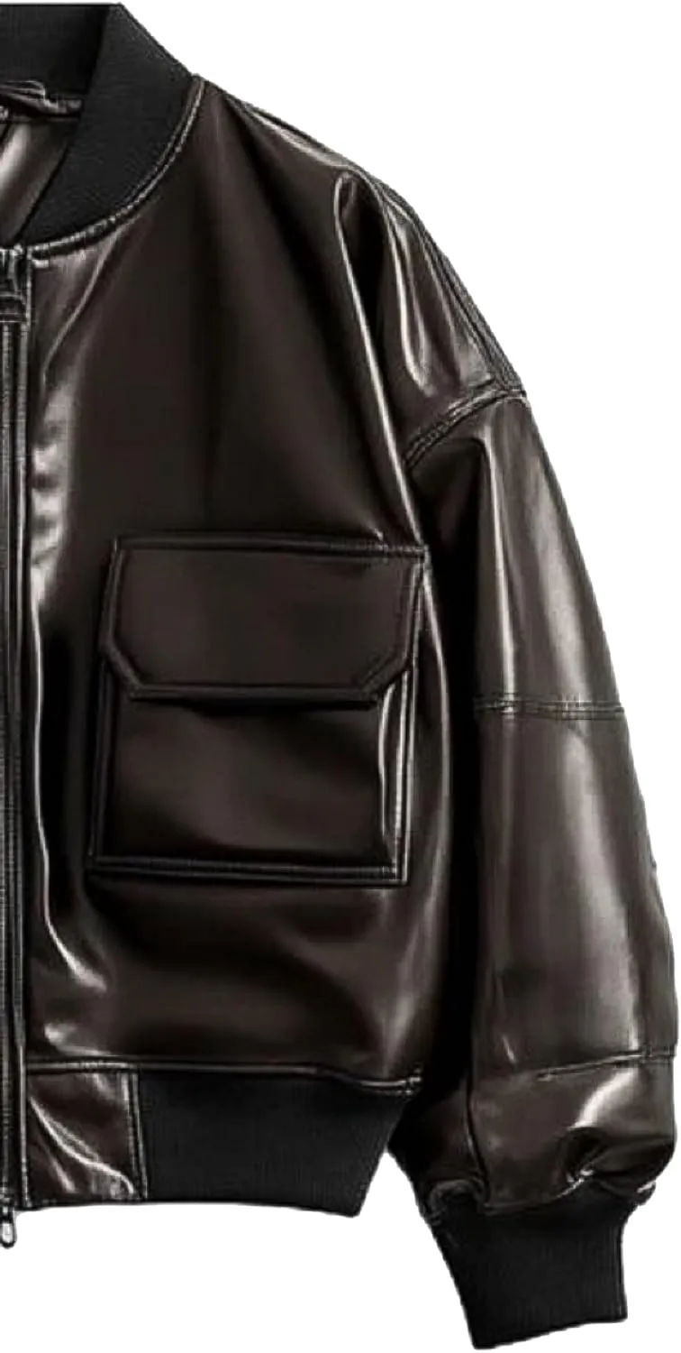 Men's Premium Casual Varsity Bomber Leather Jacket - Classic Full zip Motorcycle Leather Jacket For Men