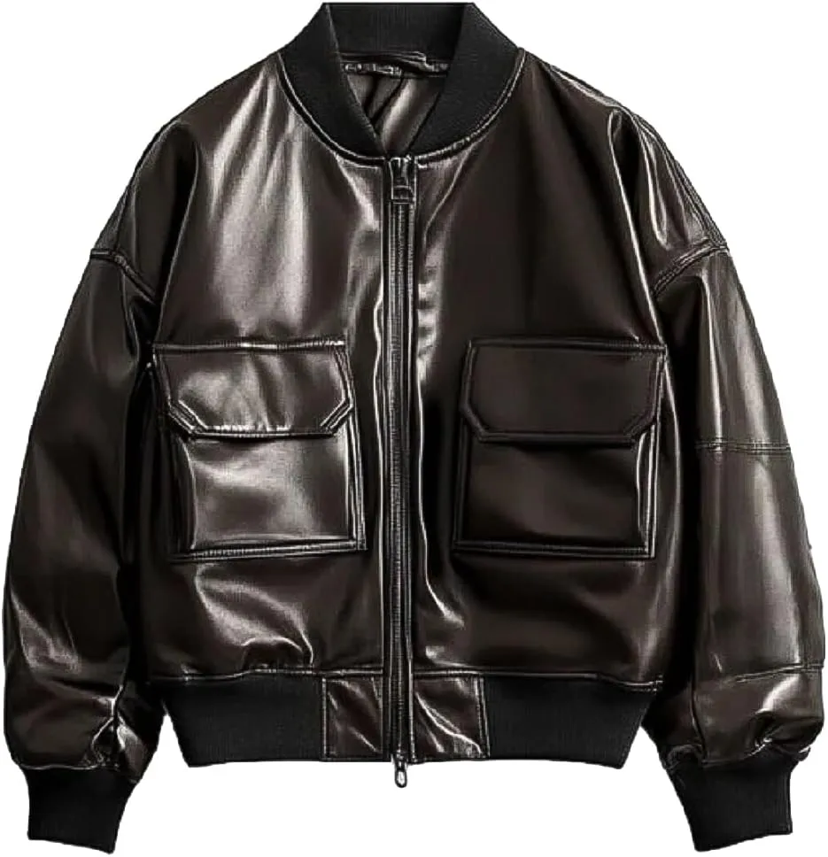 Men's Premium Casual Varsity Bomber Leather Jacket - Classic Full zip Motorcycle Leather Jacket For Men