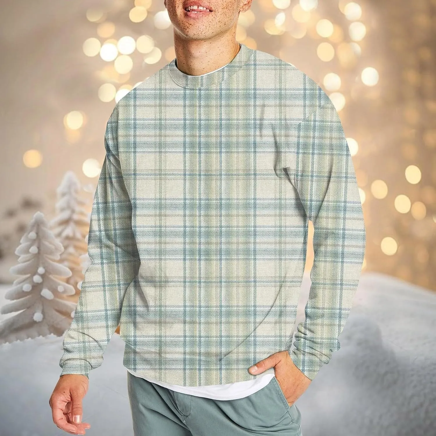 Men's Pullover Sweatshirt Novelty Plaid Print Crewneck Sweaters Plus Size Casual Long Sleeve Fall Winter Tops Outfits