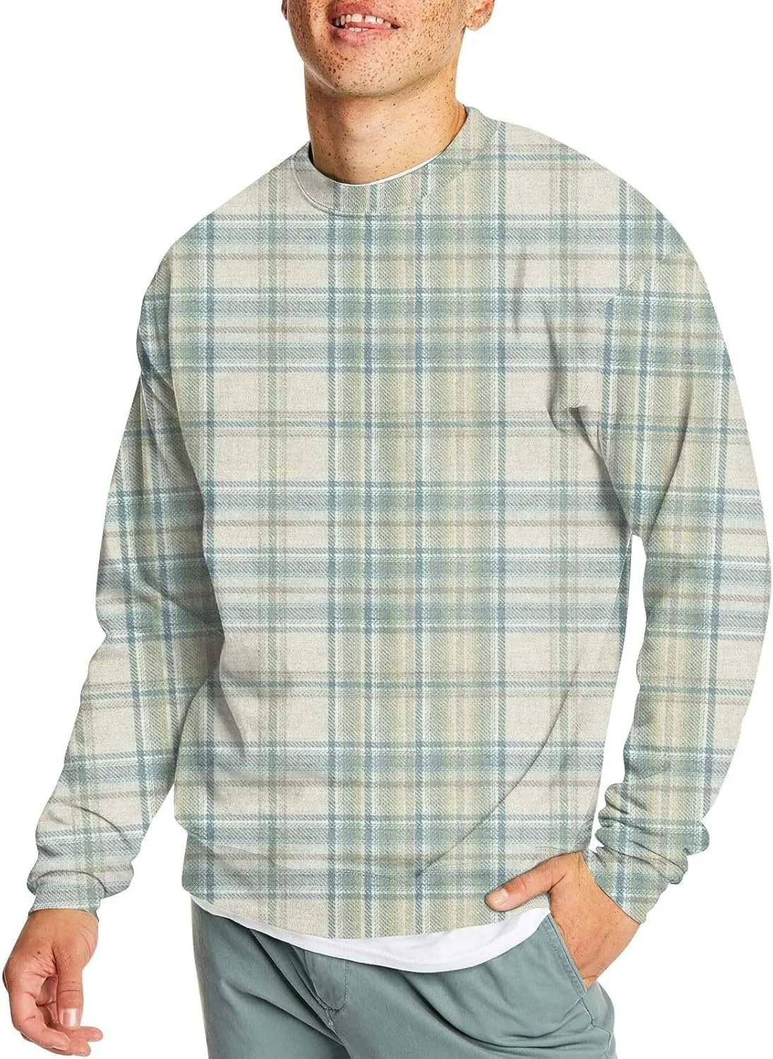 Men's Pullover Sweatshirt Novelty Plaid Print Crewneck Sweaters Plus Size Casual Long Sleeve Fall Winter Tops Outfits