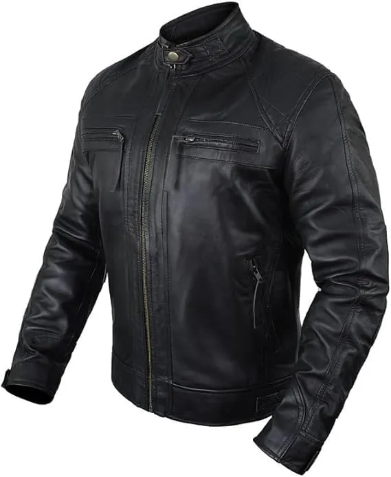 Men's Quilted Vintage Motorcycle Distressed Genuine Leather Jacket - Retro Café Race Moto Biker Cowhide Leather Jacket