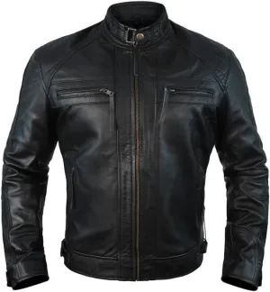 Men's Quilted Vintage Motorcycle Distressed Genuine Leather Jacket - Retro Café Race Moto Biker Cowhide Leather Jacket