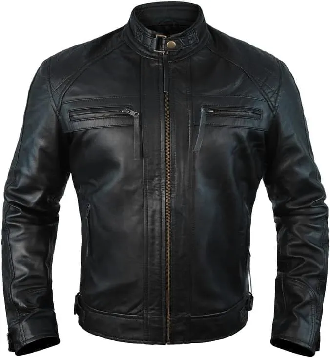 Men's Quilted Vintage Motorcycle Distressed Genuine Leather Jacket - Retro Café Race Moto Biker Cowhide Leather Jacket