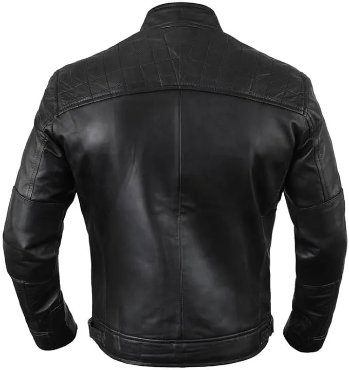 Men's Quilted Vintage Motorcycle Distressed Genuine Leather Jacket - Retro Café Race Moto Biker Cowhide Leather Jacket