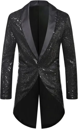 Mens Sequin Tuxedo Jacket Tails Slim Fit Tailcoat Dress Coat Swallowtail Dinner Wedding Party Blazer Suit Jackets