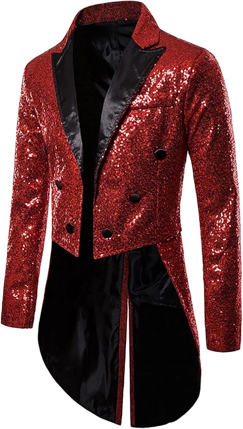 Mens Sequin Tuxedo Tailcoat Swallowtail Suit Jacket Dinner Prom Party Wedding Blazer Slim Fit Show Tux Dress Coat