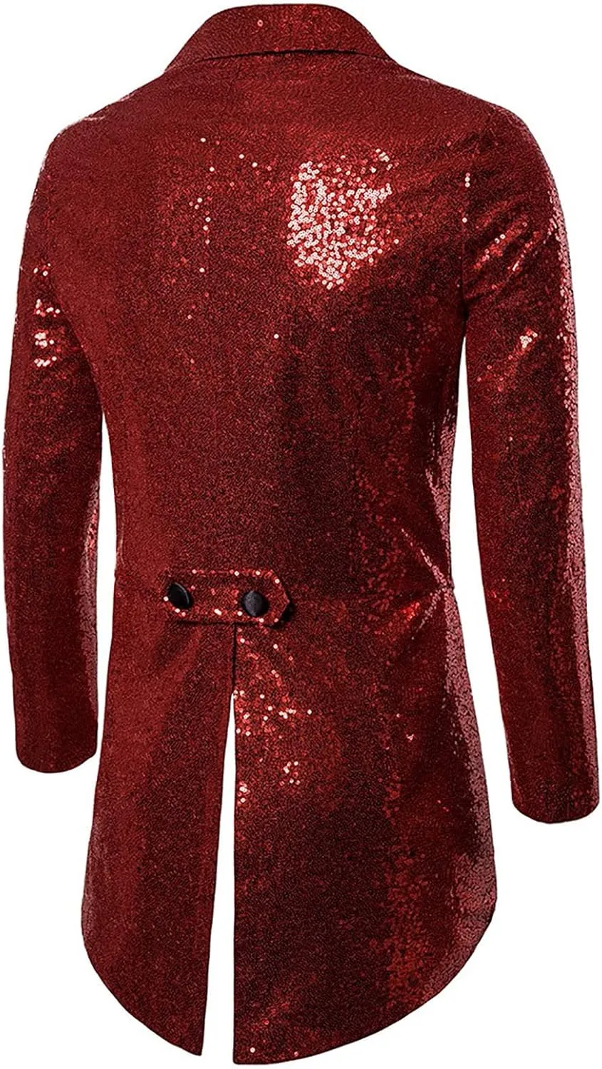 Mens Sequin Tuxedo Tailcoat Swallowtail Suit Jacket Dinner Prom Party Wedding Blazer Slim Fit Show Tux Dress Coat