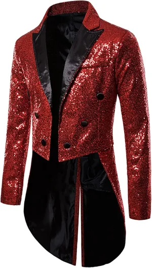 Mens Sequin Tuxedo Tailcoat Swallowtail Suit Jacket Dinner Prom Party Wedding Blazer Slim Fit Show Tux Dress Coat