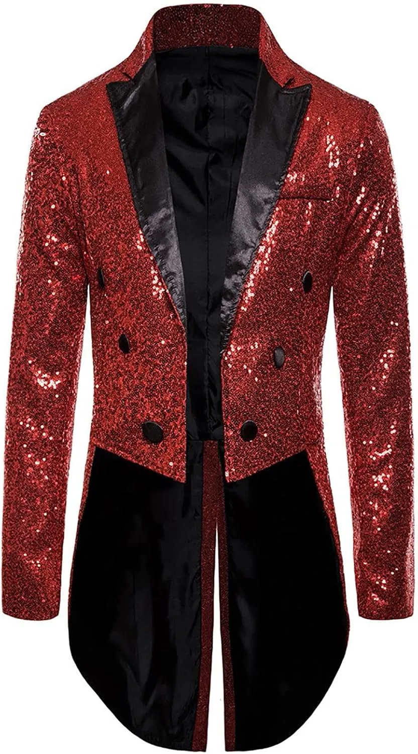 Mens Sequin Tuxedo Tailcoat Swallowtail Suit Jacket Dinner Prom Party Wedding Blazer Slim Fit Show Tux Dress Coat