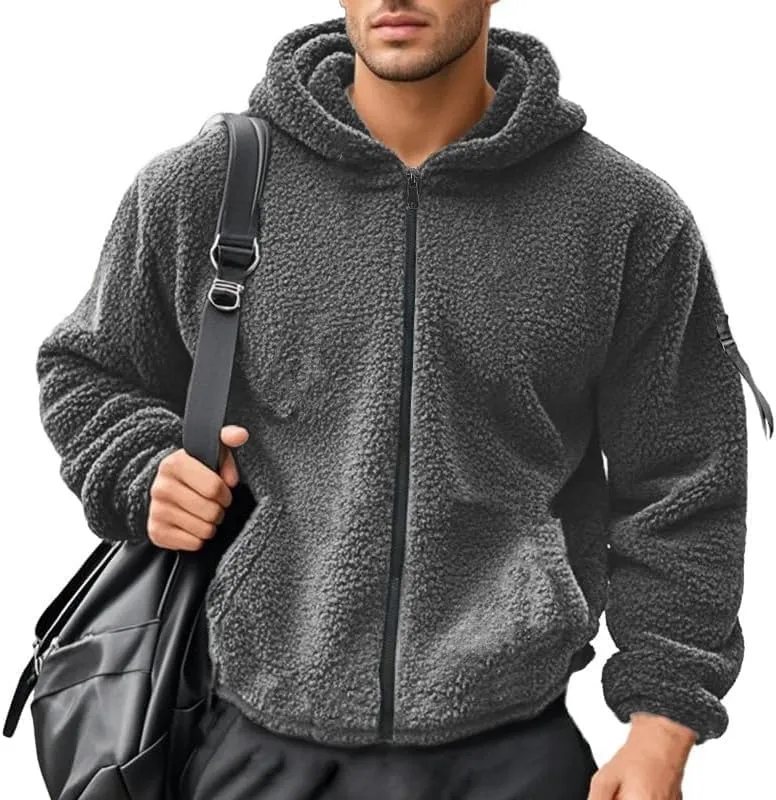 Men's Sherpa-Lined Athletic Hoodie Zip-Up Fleece Jacket Warm Sports Coat with Pockets