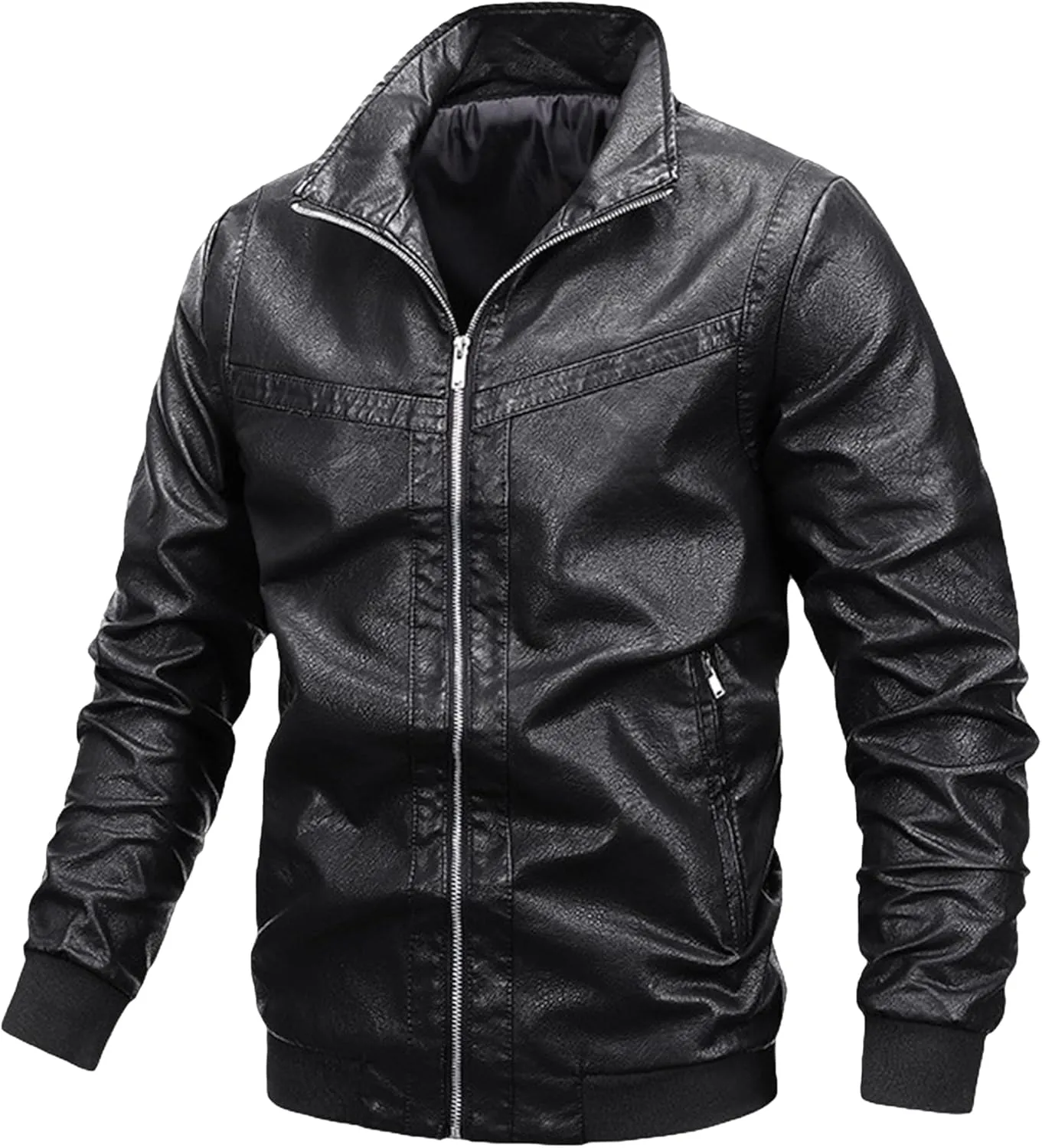 Mens Sherpa Lined Leather Jacket Stand Collar Zip Up Pu Leather Jacket Winter Fleece Shearling Bomber Jacket