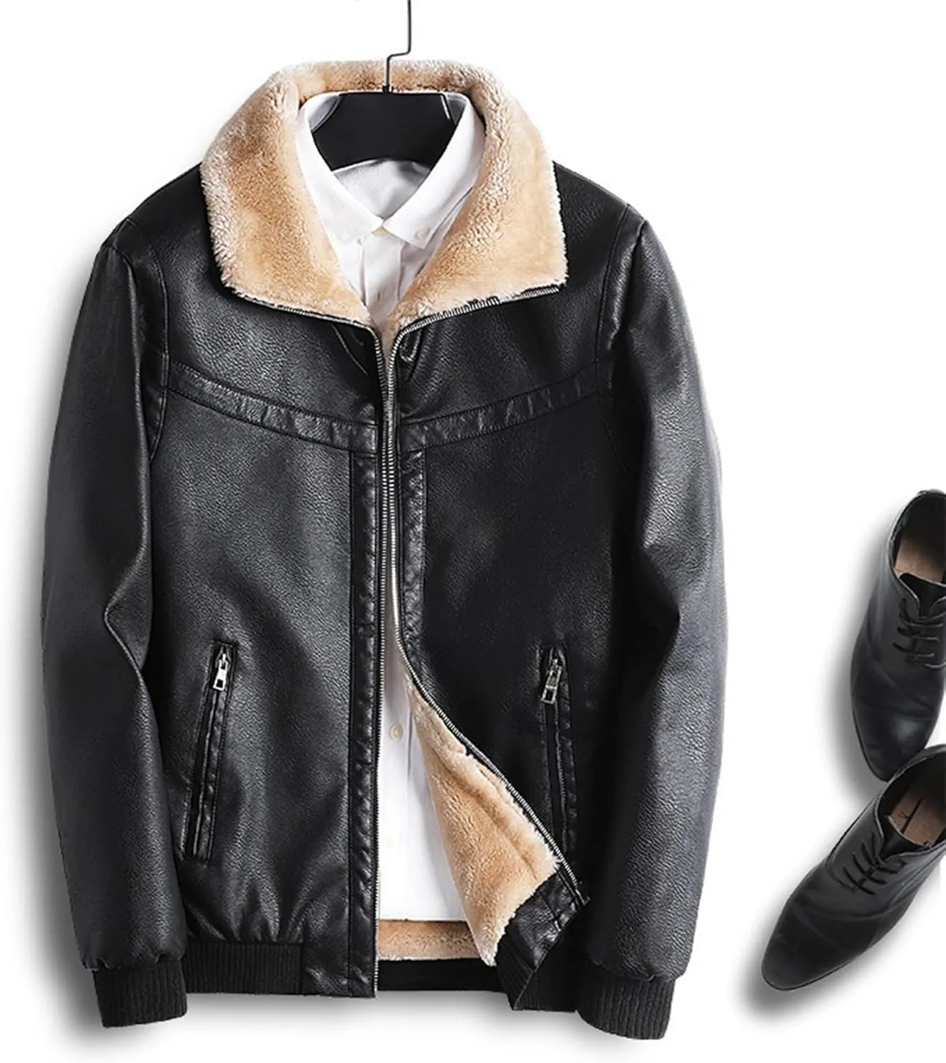 Mens Sherpa Lined Leather Jacket Stand Collar Zip Up Pu Leather Jacket Winter Fleece Shearling Bomber Jacket