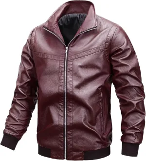 Mens Sherpa Lined Leather Jacket Stand Collar Zip Up Pu Leather Jacket Winter Fleece Shearling Bomber Jacket