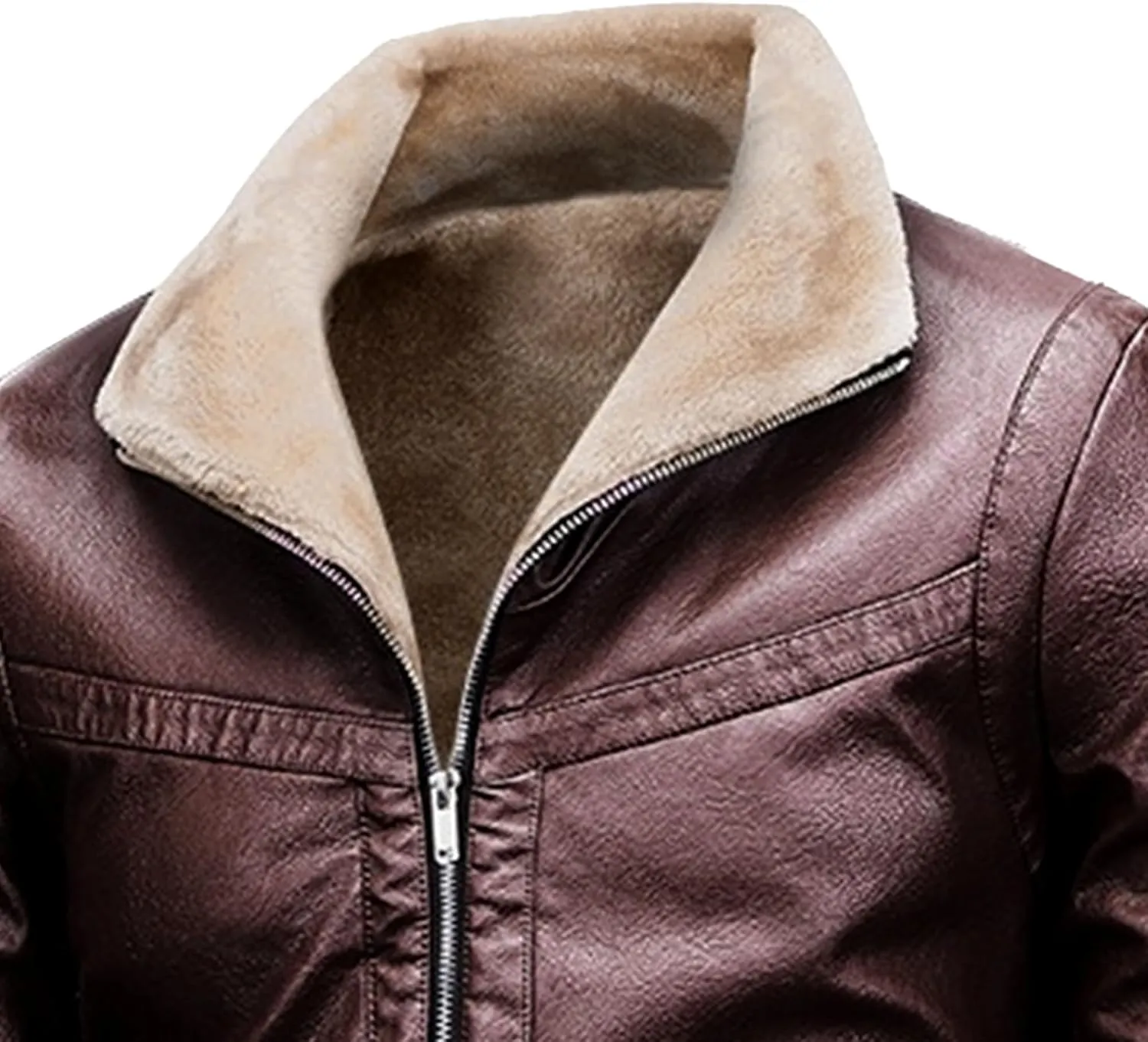 Mens Sherpa Lined Leather Jacket Stand Collar Zip Up Pu Leather Jacket Winter Fleece Shearling Bomber Jacket