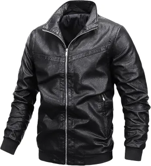 Mens Sherpa Lined Leather Jacket Stand Collar Zip Up Pu Leather Jacket Winter Fleece Shearling Bomber Jacket