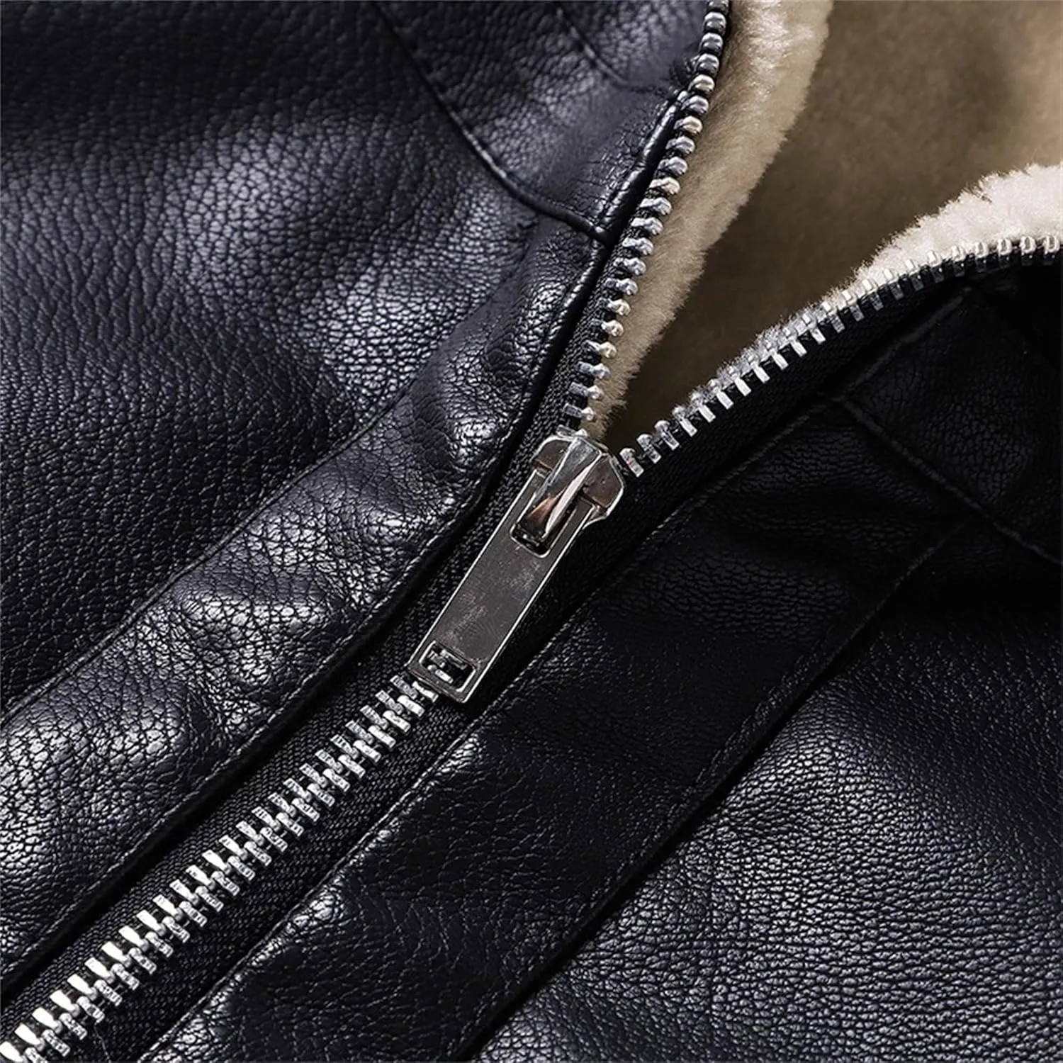 Mens Sherpa Lined Leather Jacket Stand Collar Zip Up Pu Leather Jacket Winter Fleece Shearling Bomber Jacket
