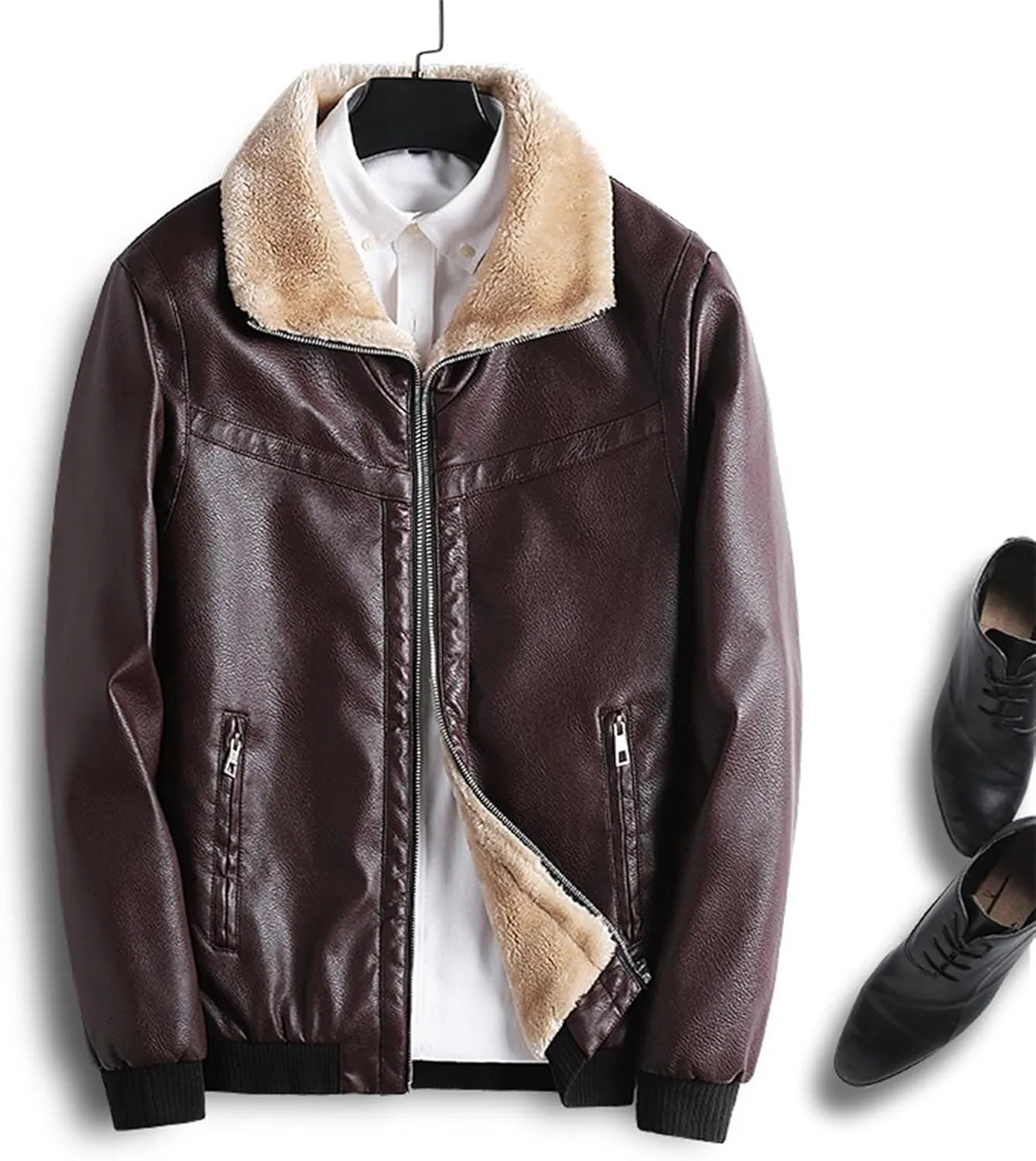 Mens Sherpa Lined Leather Jacket Stand Collar Zip Up Pu Leather Jacket Winter Fleece Shearling Bomber Jacket