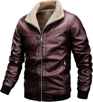 Mens Sherpa Lined Leather Jacket Stand Collar Zip Up Pu Leather Jacket Winter Fleece Shearling Bomber Jacket
