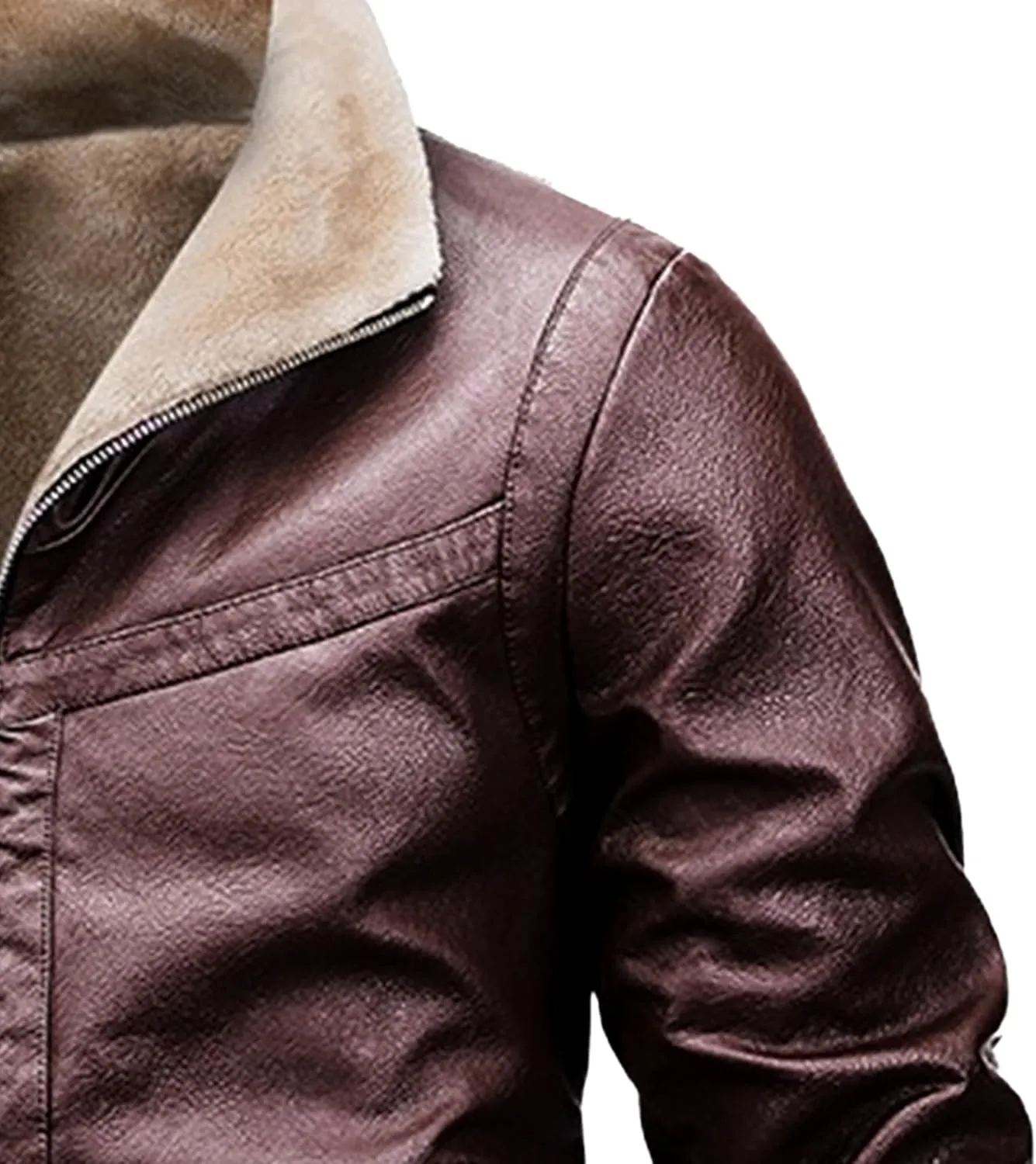 Mens Sherpa Lined Leather Jacket Stand Collar Zip Up Pu Leather Jacket Winter Fleece Shearling Bomber Jacket