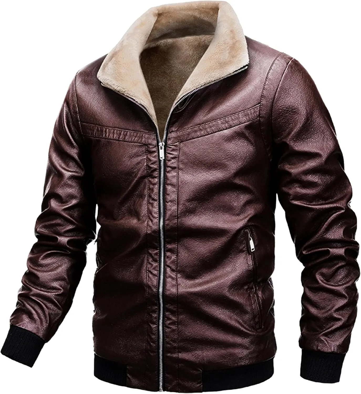 Mens Sherpa Lined Leather Jacket Stand Collar Zip Up Pu Leather Jacket Winter Fleece Shearling Bomber Jacket
