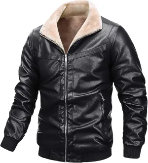 Mens Sherpa Lined Leather Jacket Stand Collar Zip Up Pu Leather Jacket Winter Fleece Shearling Bomber Jacket