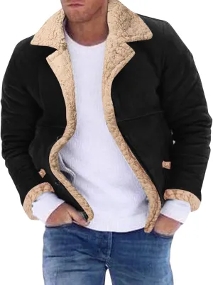 Mens Sherpa Lined Long Jackets with Faux Leather Shearling and Fur Collar, Thermal Heavyweight Winter Leather Jackets