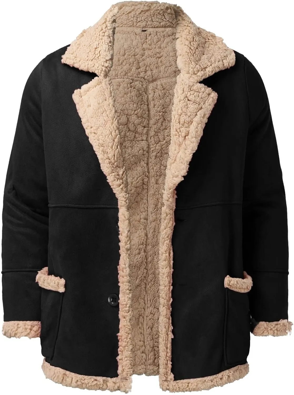 Mens Sherpa Lined Long Jackets with Faux Leather Shearling and Fur Collar, Thermal Heavyweight Winter Leather Jackets