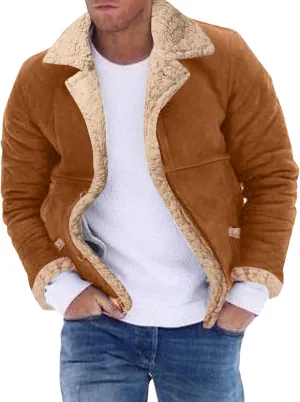 Mens Sherpa Lined Long Jackets with Faux Leather Shearling and Fur Collar, Thermal Heavyweight Winter Leather Jackets