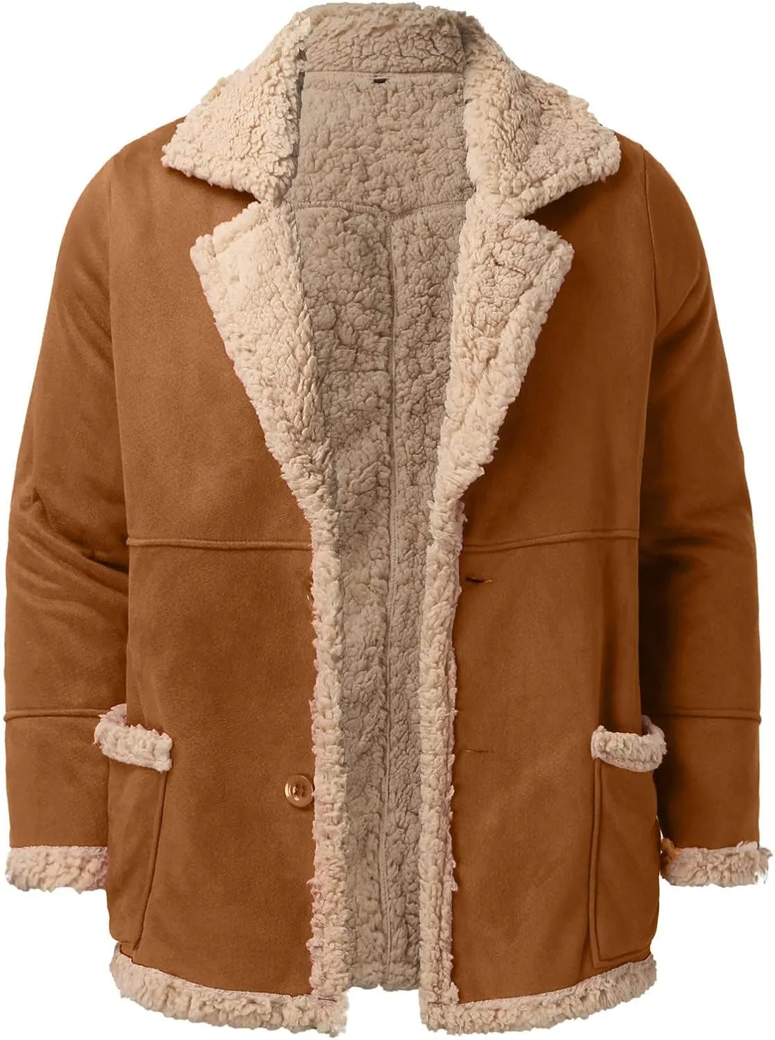 Mens Sherpa Lined Long Jackets with Faux Leather Shearling and Fur Collar, Thermal Heavyweight Winter Leather Jackets