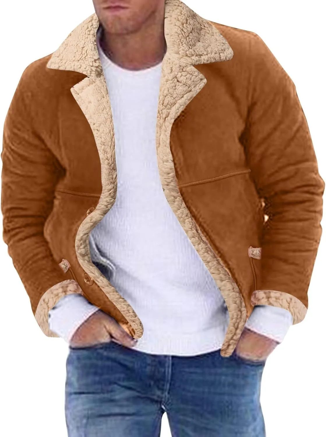 Mens Sherpa Lined Long Jackets with Faux Leather Shearling and Fur Collar, Thermal Heavyweight Winter Leather Jackets