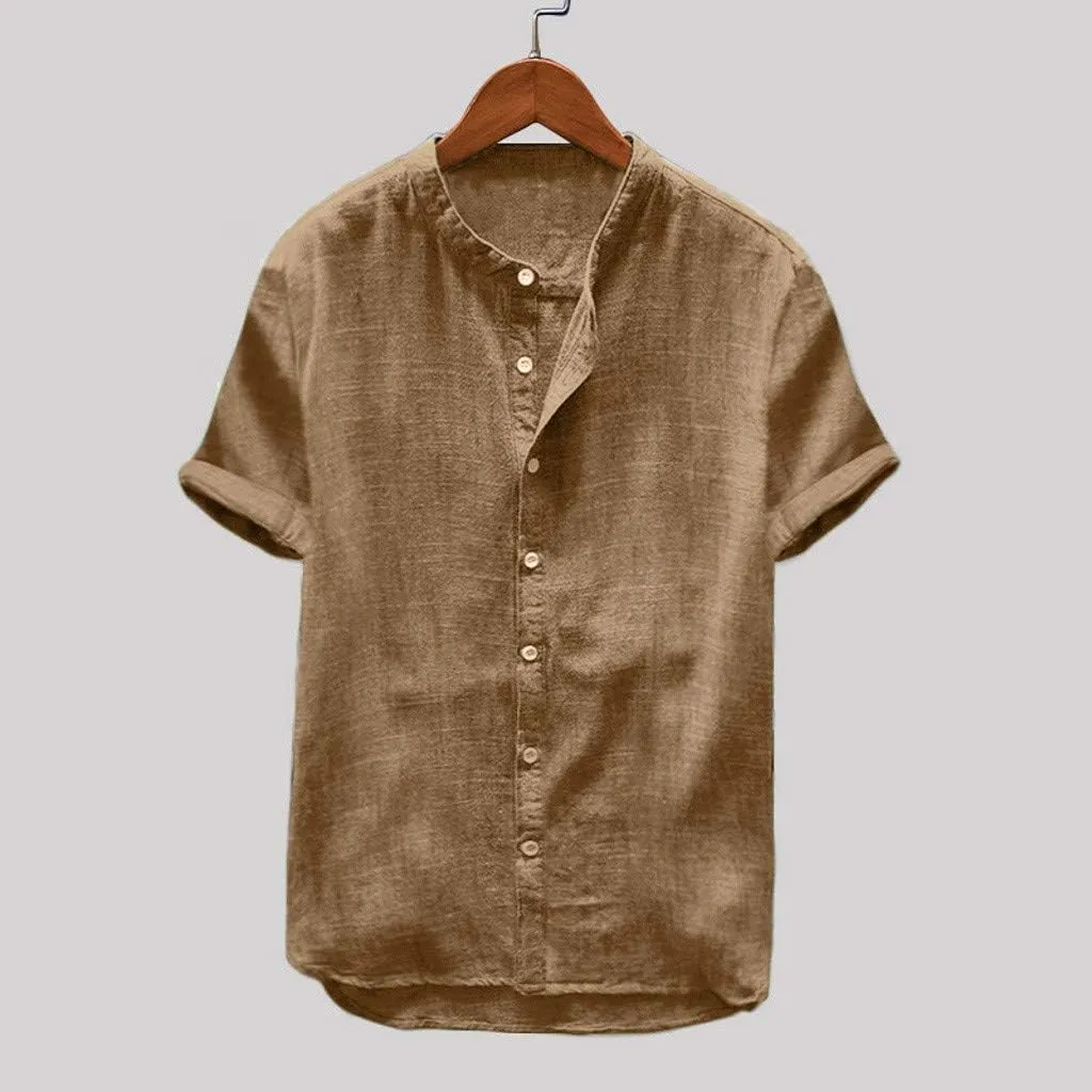 Mens Short Sleeve Linen Shirt Hippie Beach Button Down Shirts Summer Casual Slim Fit Collarless Lightweight Shirts