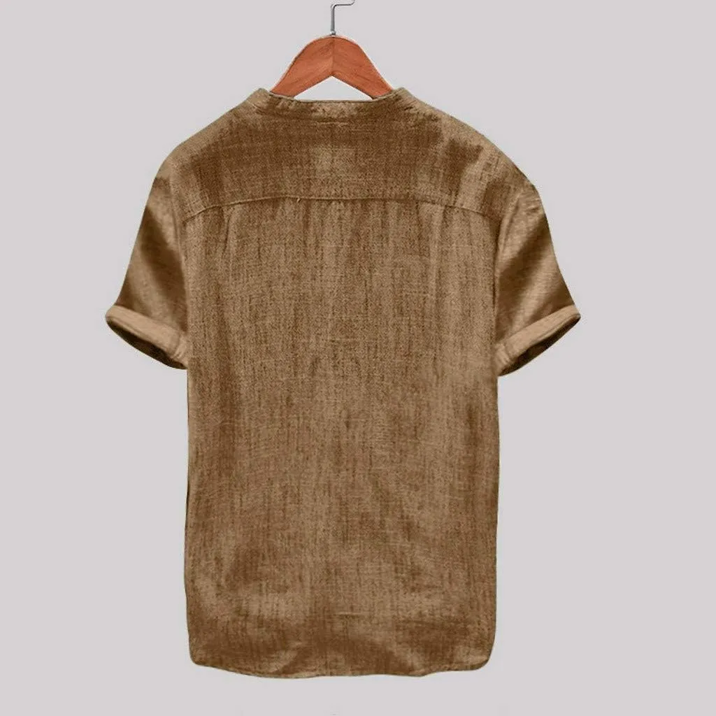 Mens Short Sleeve Linen Shirt Hippie Beach Button Down Shirts Summer Casual Slim Fit Collarless Lightweight Shirts