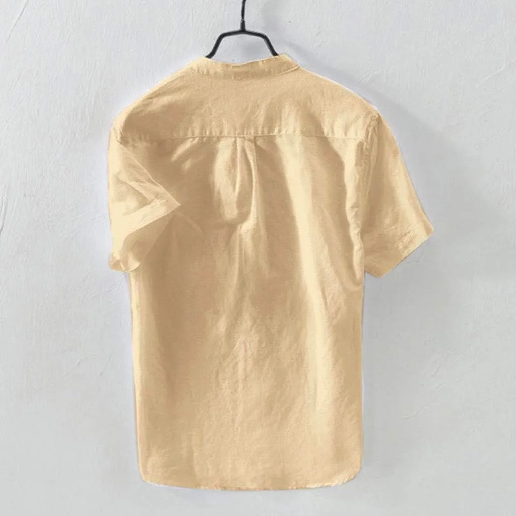 Mens Short Sleeve Linen Shirt Hippie Beach Button Down Shirts Summer Casual Slim Fit Collarless Lightweight Shirts