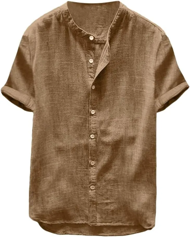 Mens Short Sleeve Linen Shirt Hippie Beach Button Down Shirts Summer Casual Slim Fit Collarless Lightweight Shirts