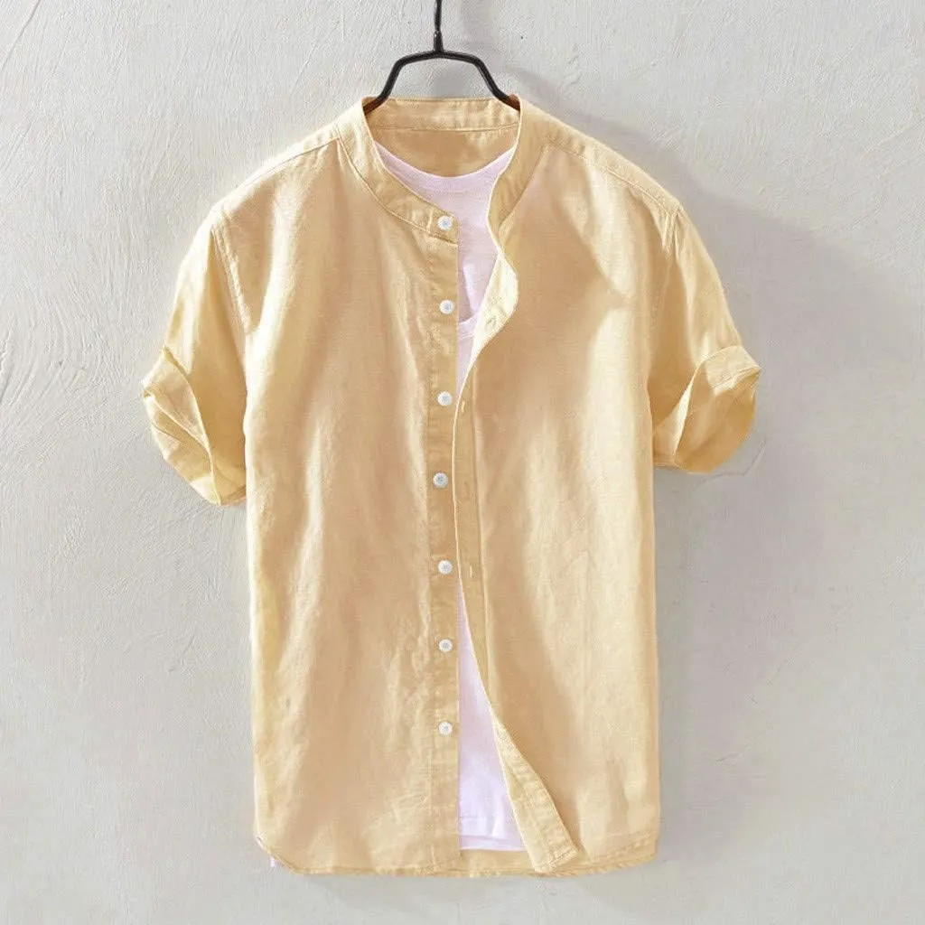 Mens Short Sleeve Linen Shirt Hippie Beach Button Down Shirts Summer Casual Slim Fit Collarless Lightweight Shirts