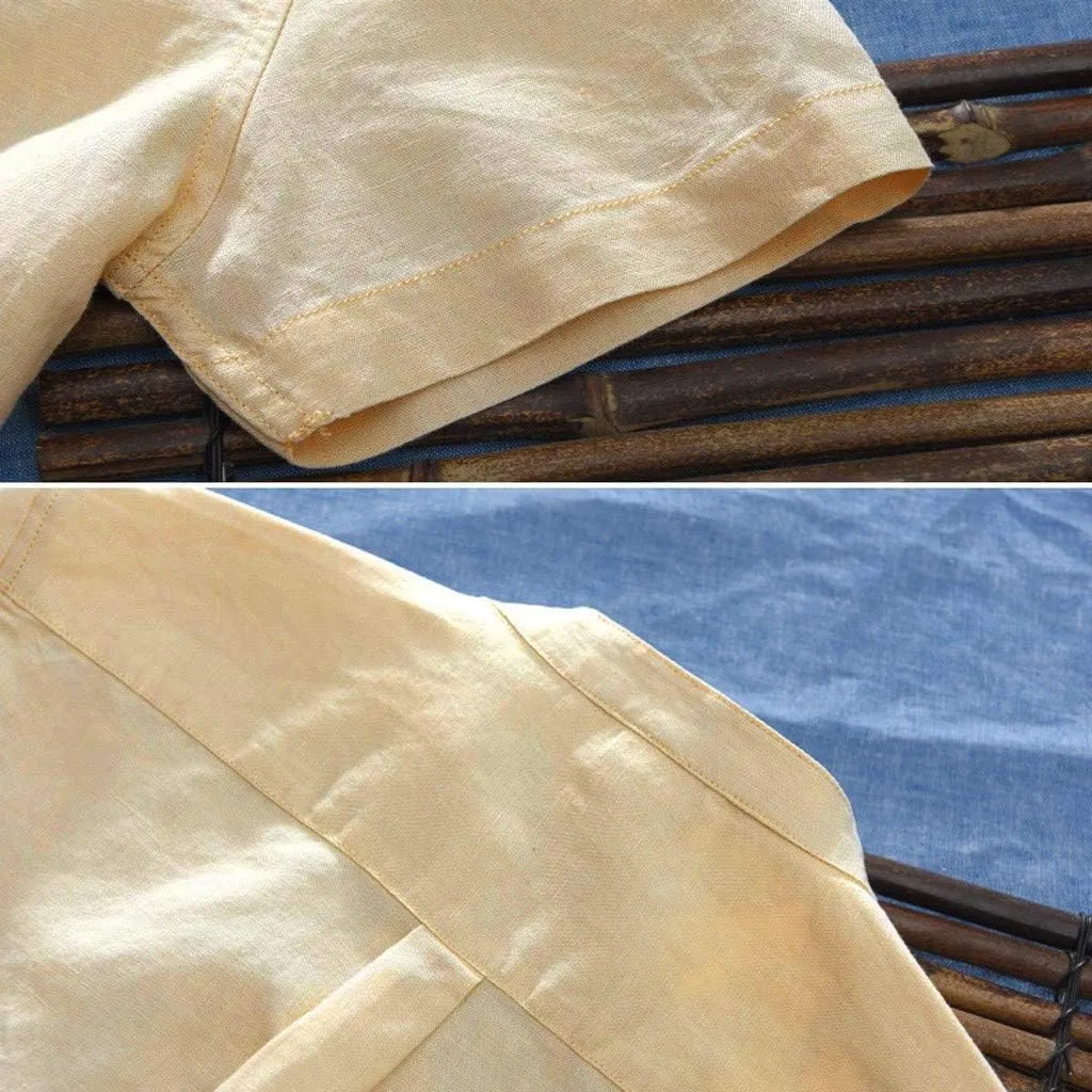 Mens Short Sleeve Linen Shirt Hippie Beach Button Down Shirts Summer Casual Slim Fit Collarless Lightweight Shirts