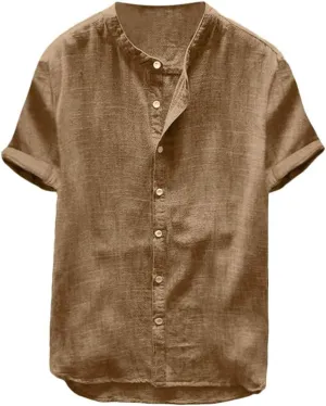 Mens Short Sleeve Linen Shirt Hippie Beach Button Down Shirts Summer Casual Slim Fit Collarless Lightweight Shirts