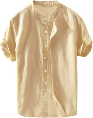 Mens Short Sleeve Linen Shirt Hippie Beach Button Down Shirts Summer Casual Slim Fit Collarless Lightweight Shirts