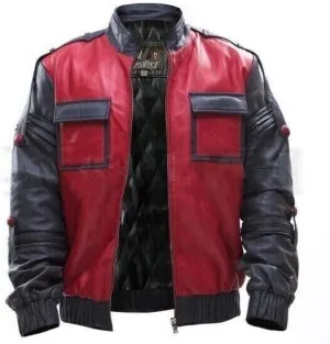 Mens Slim Fit Leather Jacket | Red Motorcycle Jacket Fly Biker Leather Jacket