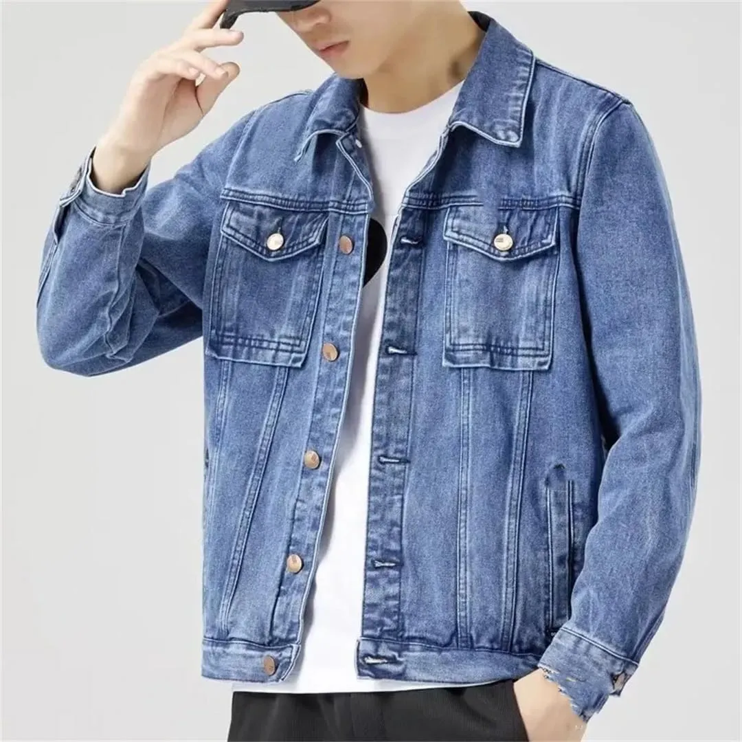 Men's Solid Lapel Denim Jacket Slim Fit Cotton Casual Blue Motorcycle Denim Jacket