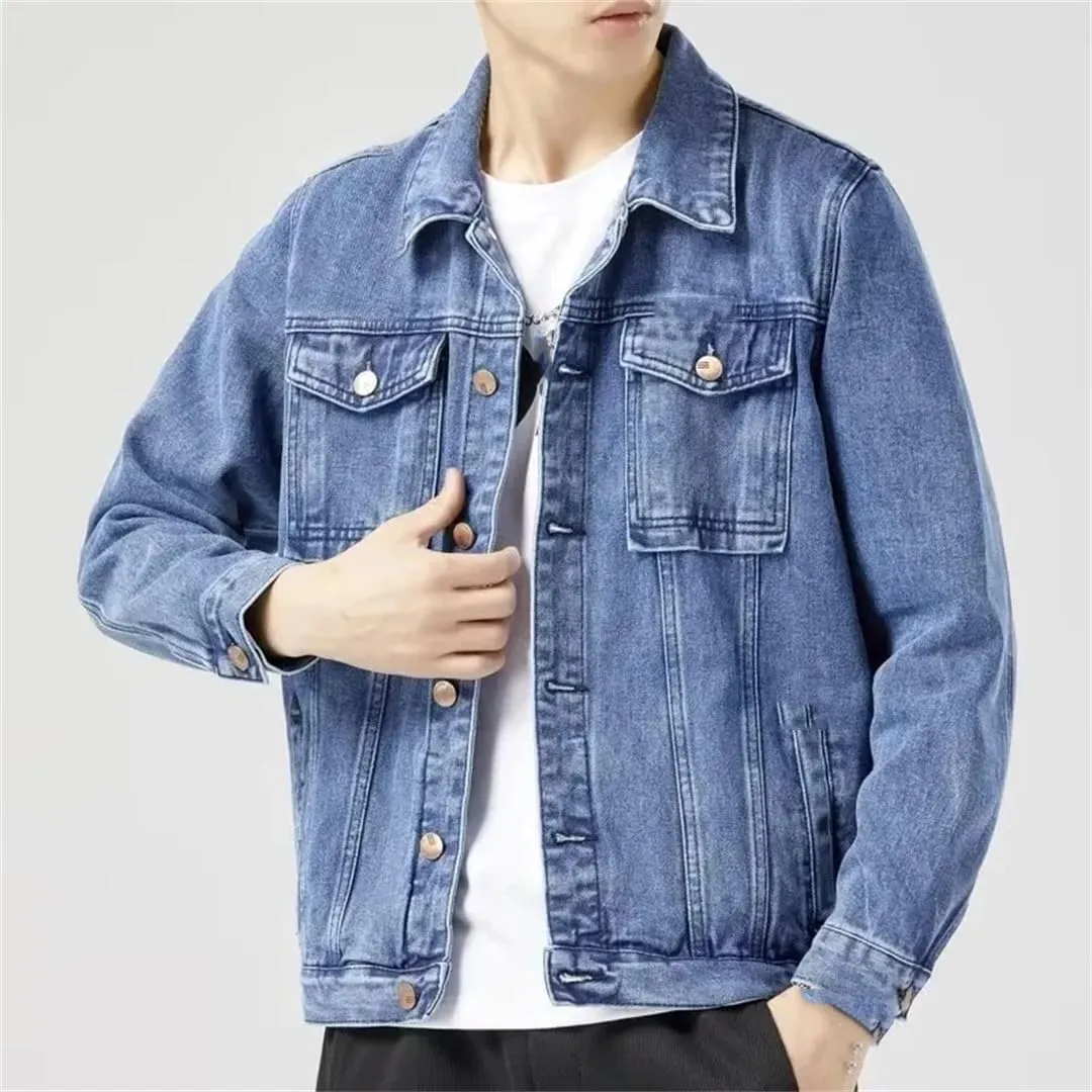 Men's Solid Lapel Denim Jacket Slim Fit Cotton Casual Blue Motorcycle Denim Jacket