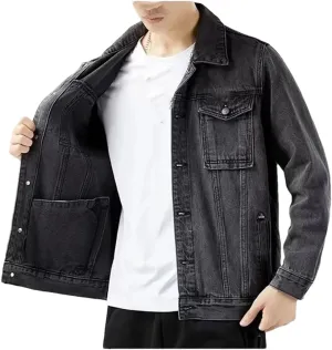 Men's Solid Lapel Denim Jacket Slim Fit Cotton Casual Blue Motorcycle Denim Jacket