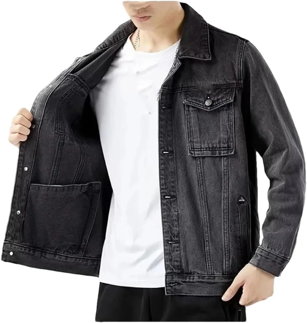 Men's Solid Lapel Denim Jacket Slim Fit Cotton Casual Blue Motorcycle Denim Jacket