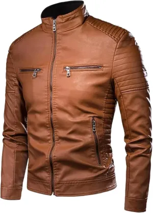 Men's Spring Slim-fit Leather Jacket, Motorcycle Pocket Leather Jacket, Casual Retro Outerwear