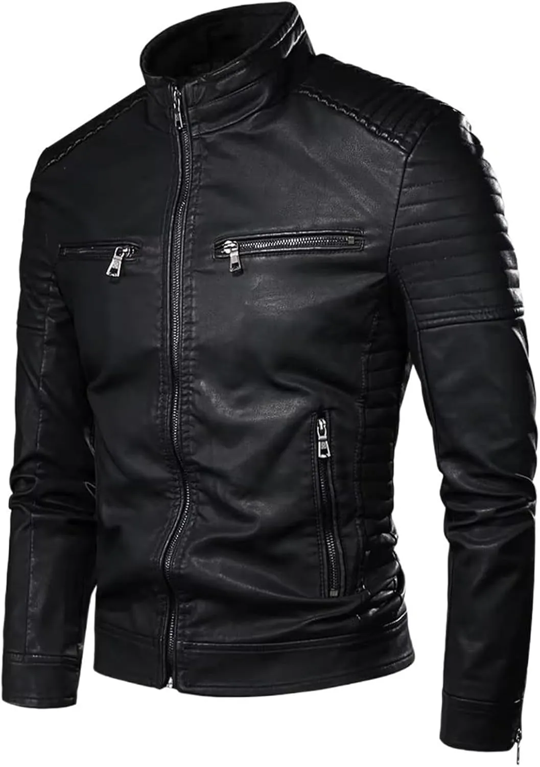 Men's Spring Slim-fit Leather Jacket, Motorcycle Pocket Leather Jacket, Casual Retro Outerwear