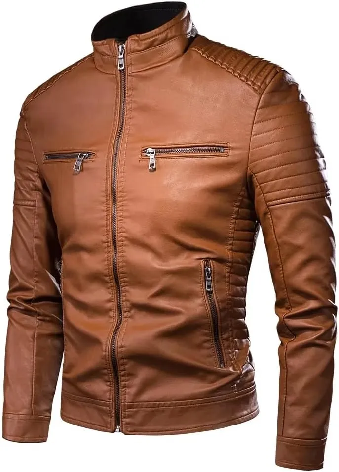 Men's Spring Slim-fit Leather Jacket, Motorcycle Pocket Leather Jacket, Casual Retro Outerwear