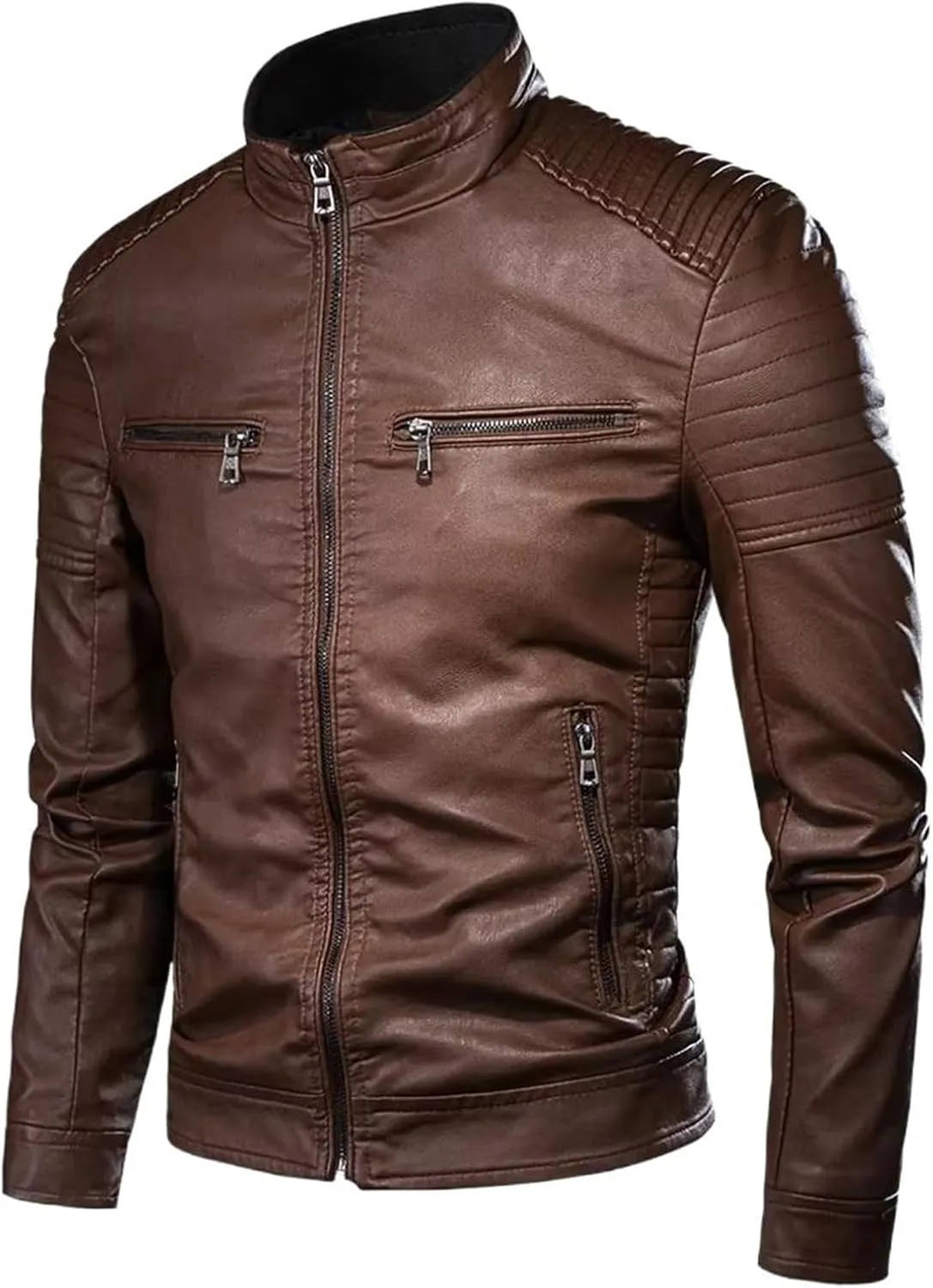 Men's Spring Slim-fit Leather Jacket, Motorcycle Pocket Leather Jacket, Casual Retro Outerwear