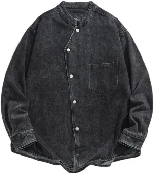Mens Stand Collar Vintage Washed Denim Shirt Cowboy Streetwear Casual Long Sleeve Shirts Jacket